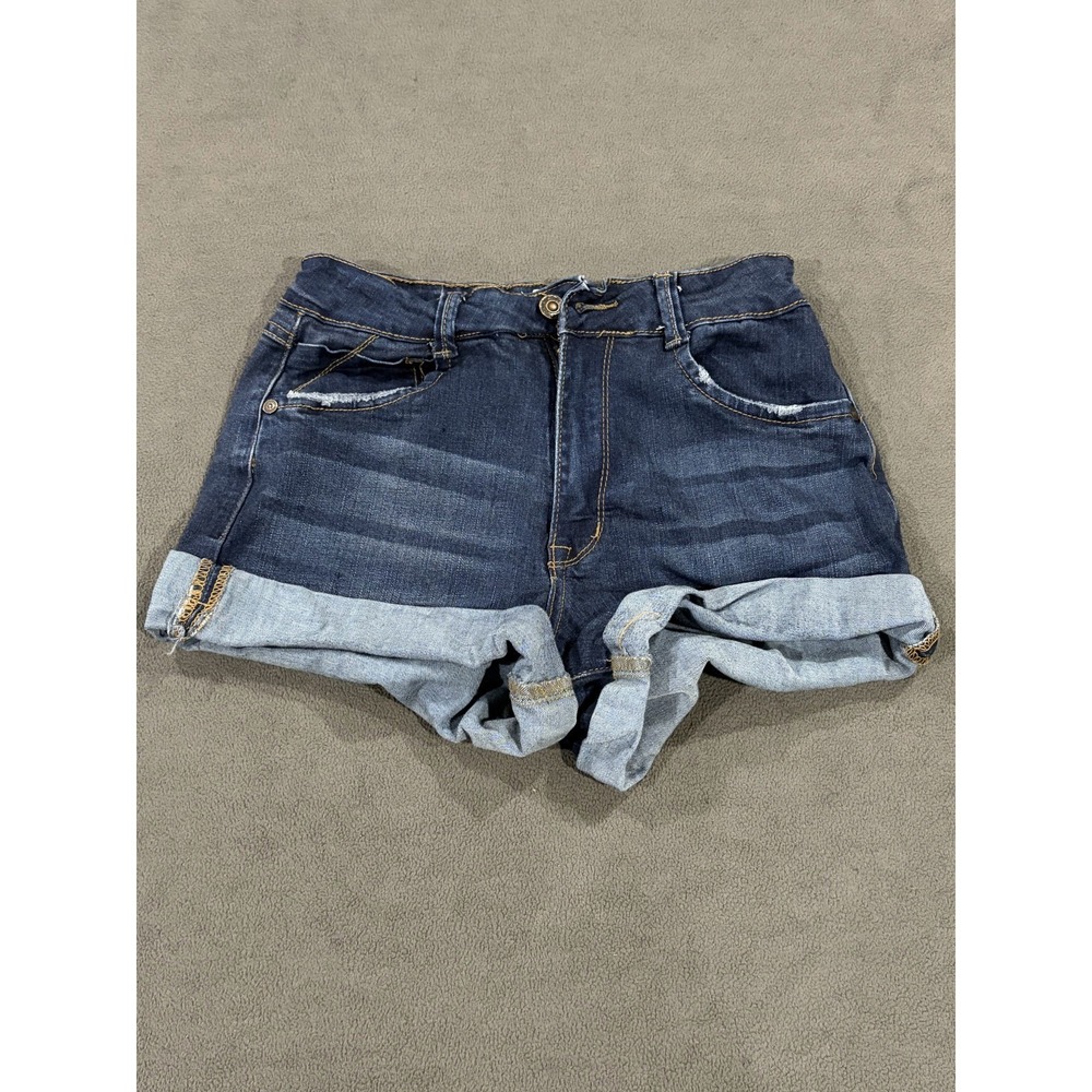 Angel‎ Cuffed Bermuda Shorts Womens XS Blue Denim Cotton Stretch Whiskers Detail